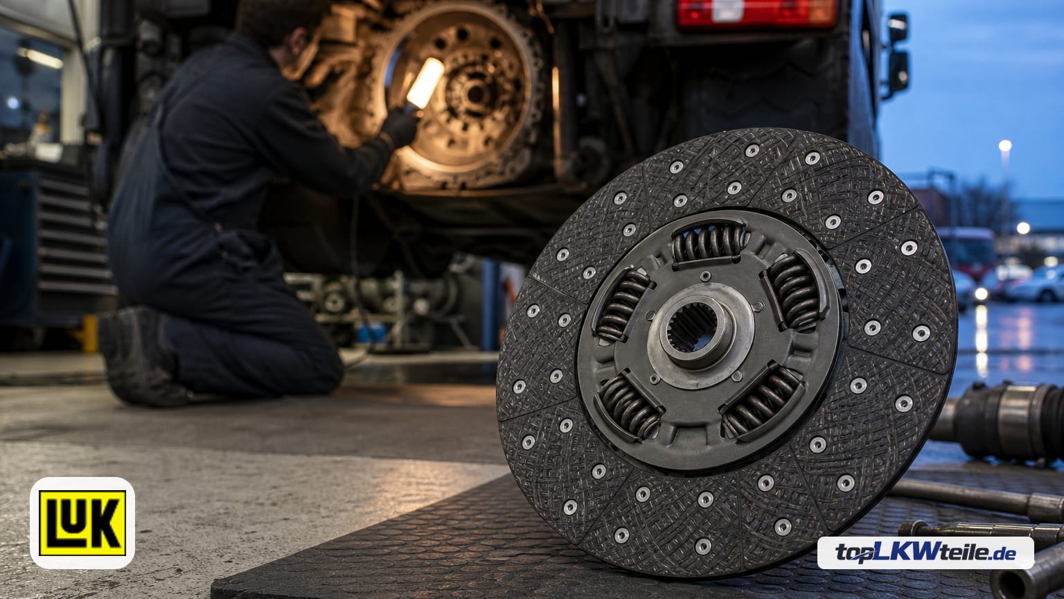 In der Werkstatt prüft ein Mechaniker mit Arbeitslampe das Kupplungsgehäuse eines angehobenen Lkw; im Vordergrund liegt eine neue Schaeffler LuK Kupplungsscheibe mit dunklem Reibbelag, silbernen…