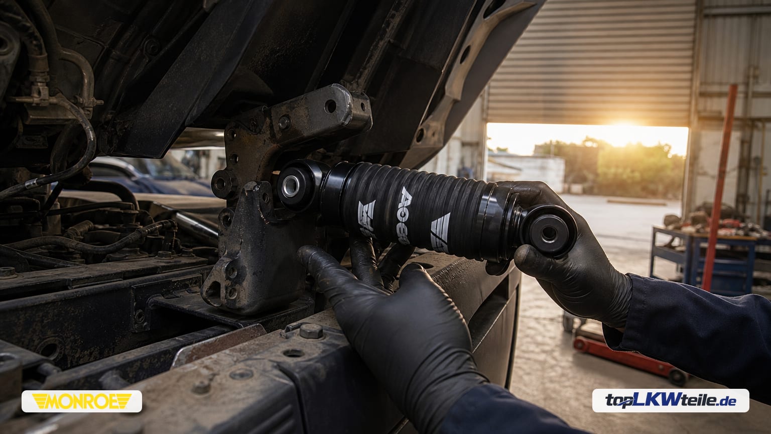 Gloved Mechaniker montiert einen MONROE Dämpfer, Fahrerhauslagerung unter dem gekippten Lkw-Fahrerhaus – Nahaufnahme mit unscharfer Werkstattkulisse.