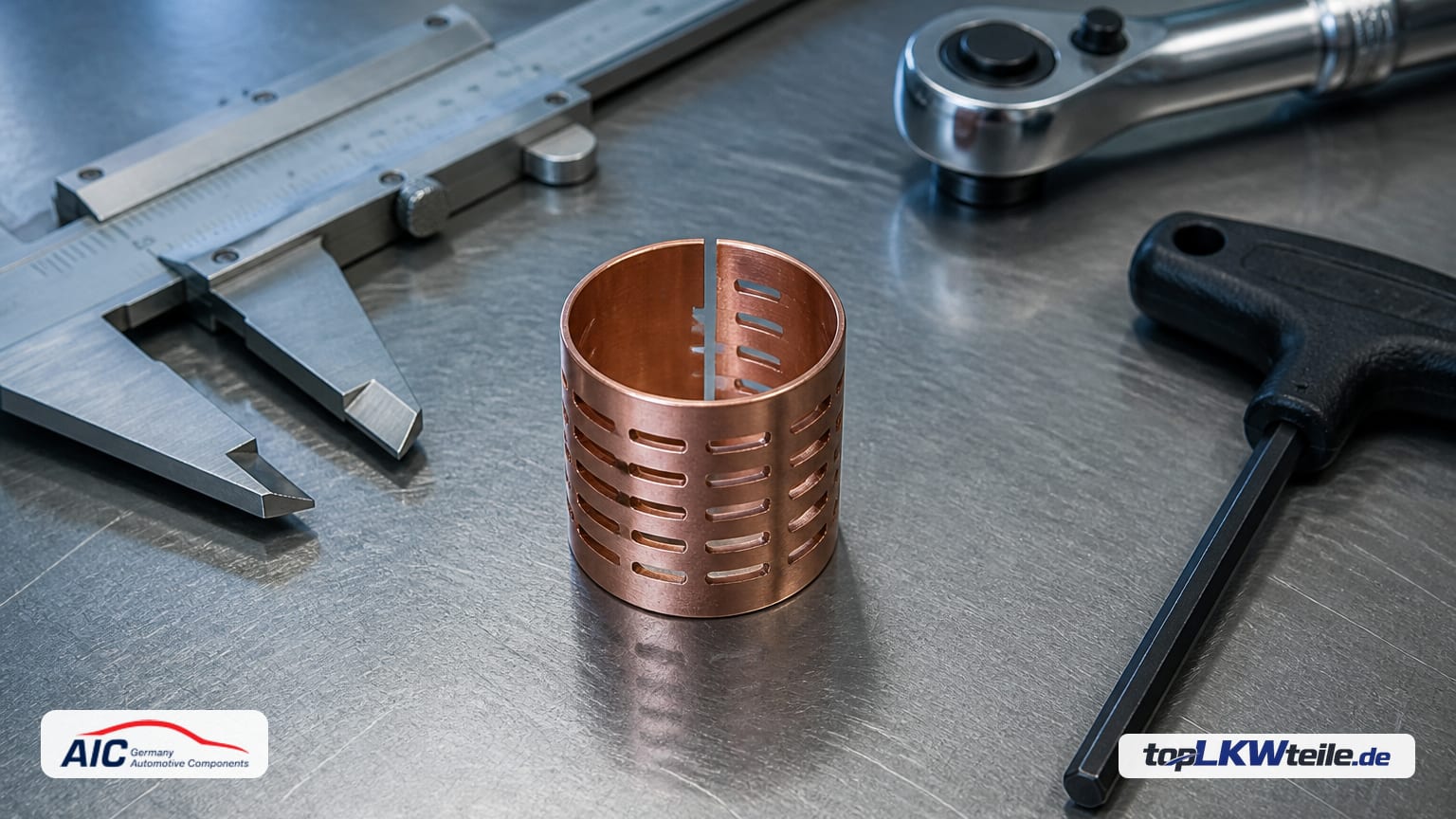 AIC wheel speed sensor clamp sleeve on a brushed steel bench under cool workshop lighting, with precision tools blurred in the background.