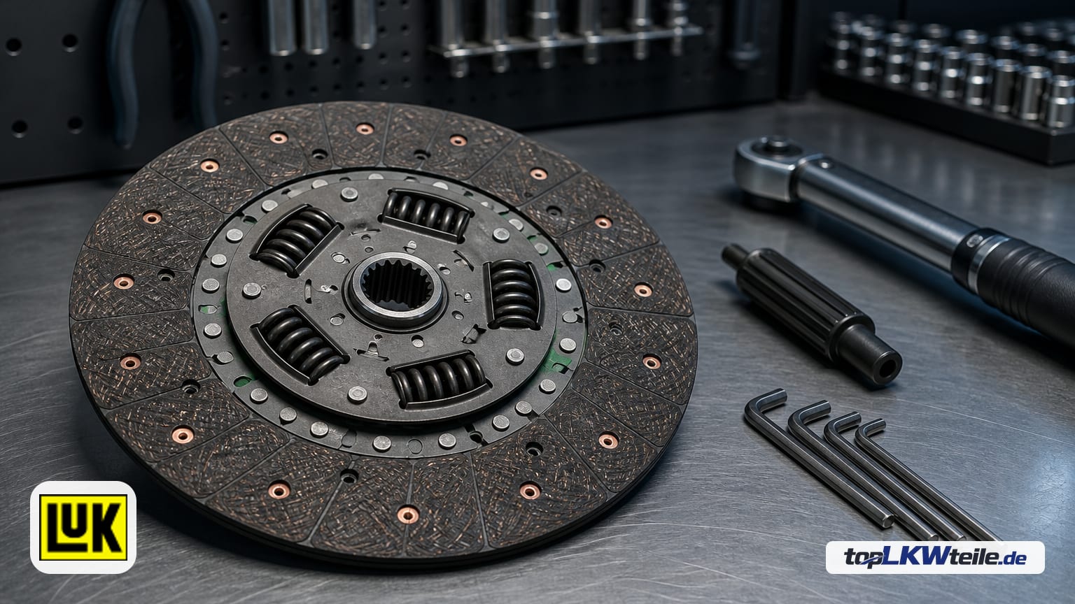 Schaeffler LuK clutch disc on a brushed-steel workbench, showing black damper springs in a grey hub and copper-toned rivets on the dark friction lining.
