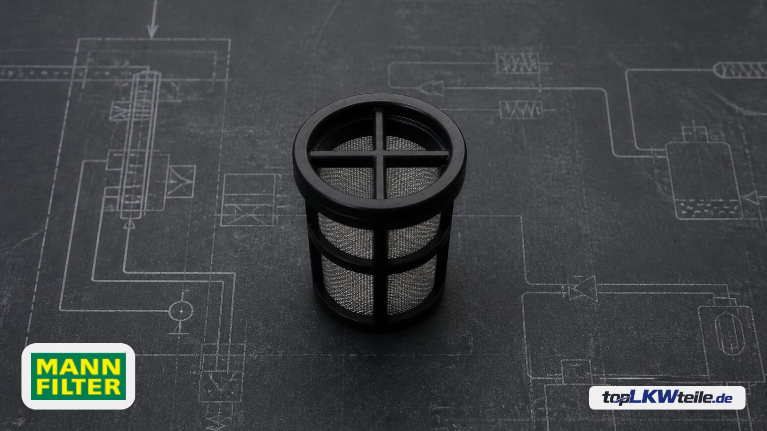 MANN-FILTER Filter, Harnstofflösung als zylindrischer Feinsieb-Filter mit schwarzem Kunststoffkäfig und feinem Metallgewebe in technischer Draufsicht