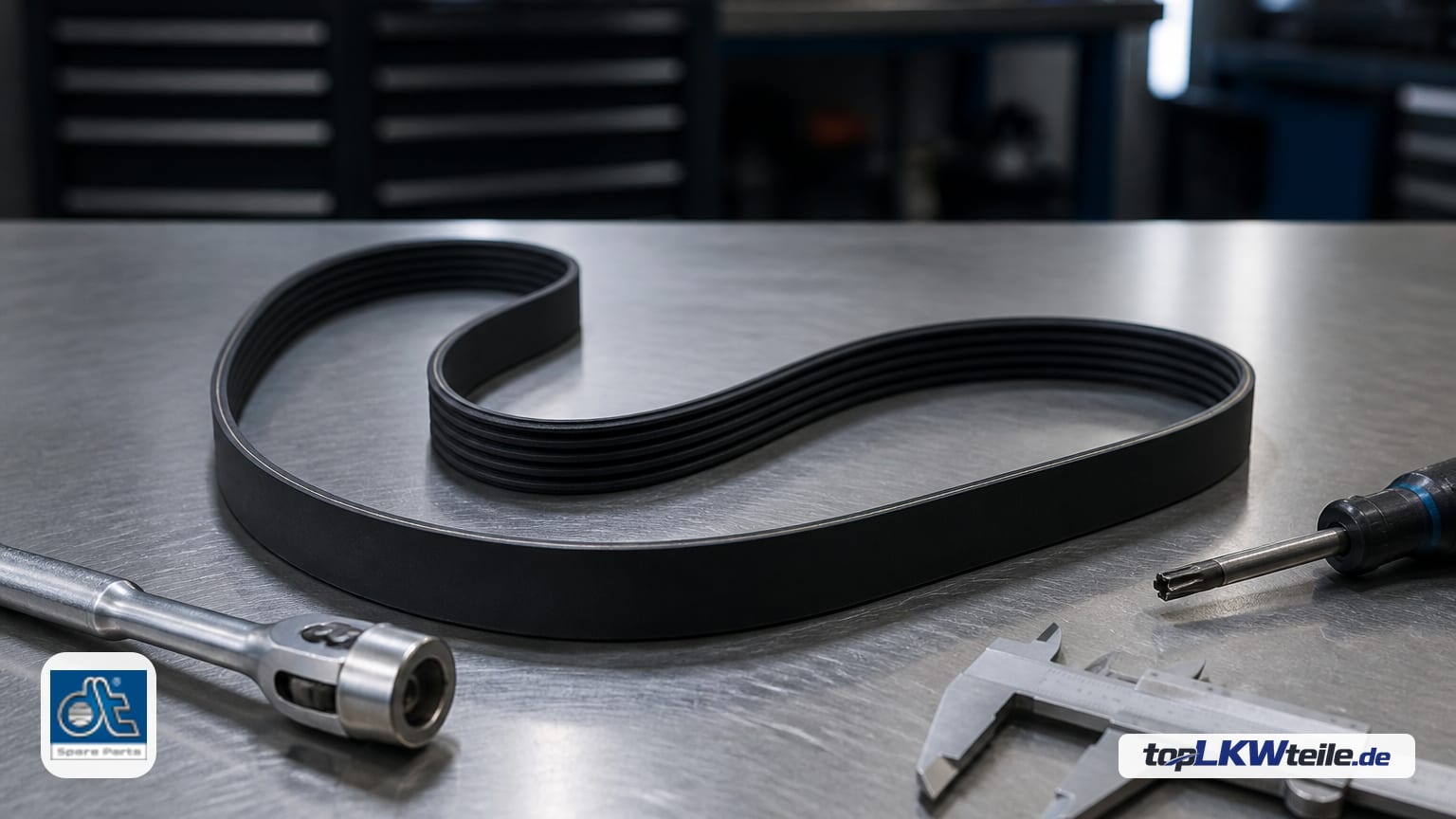 DT Spare Parts Keilrippenriemen auf gebürsteter Stahlwerkbank, in sanfter S-Form mit sichtbaren Längsrippen, kühles Werkstattlicht und Handwerkzeuge.