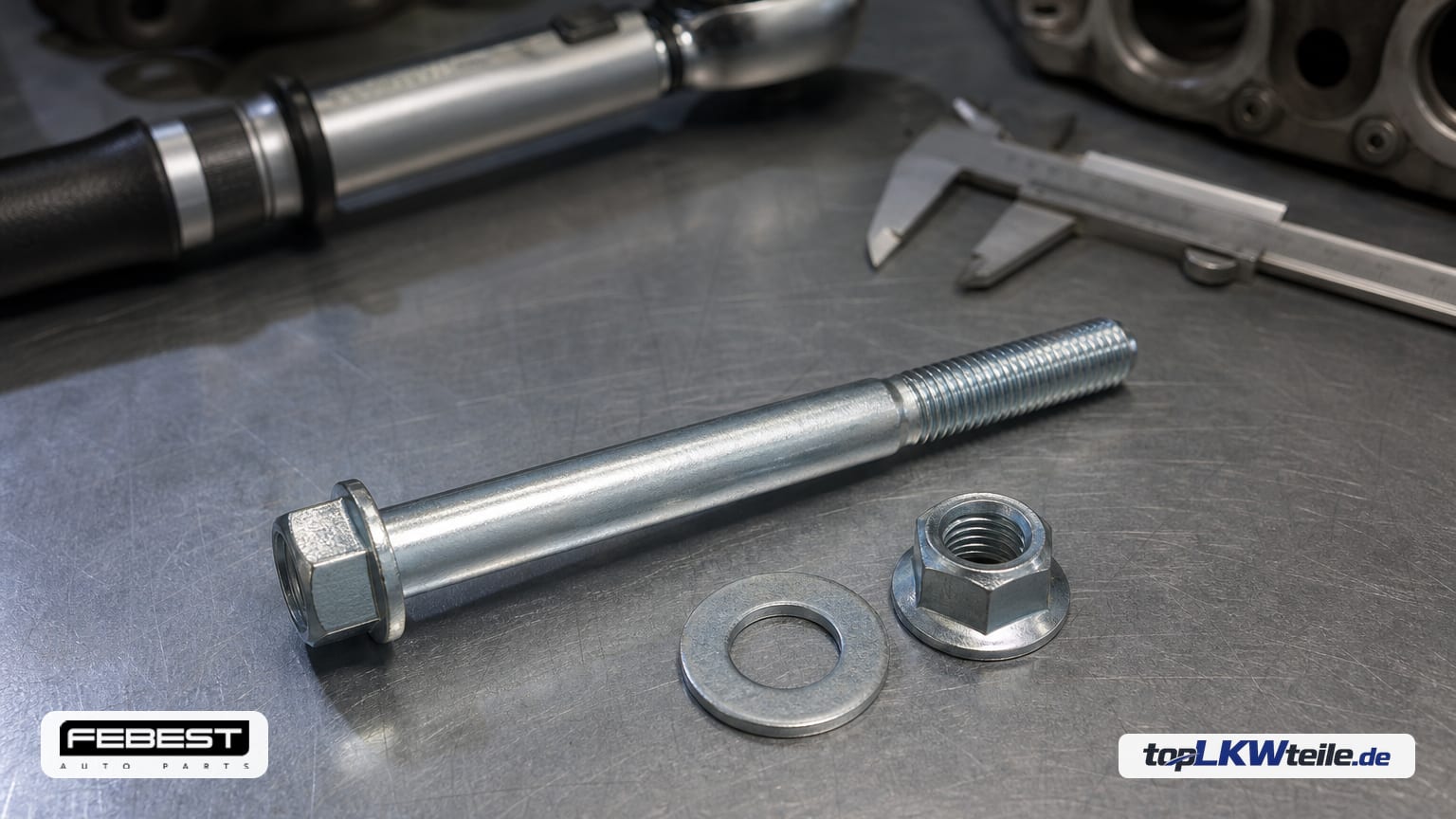 FEBEST Reparatursatz, Führungsbolzen – long zinc-plated flanged hex bolt with matching flanged nut and flat washer on a brushed-steel bench under cool technical light.