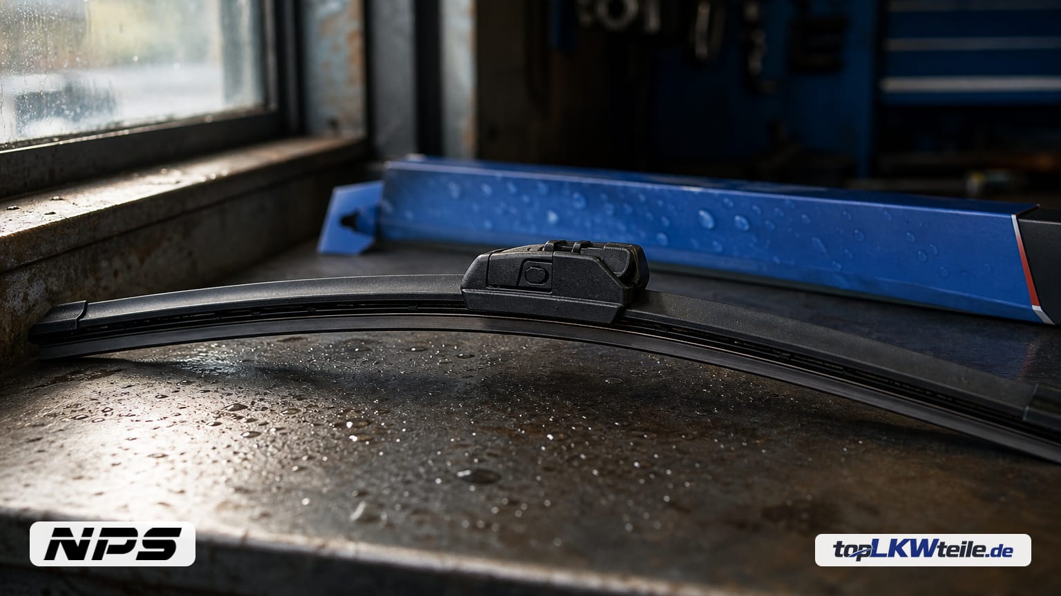 Macro view of an NPS wiper blade on a workshop bench, side-lit to highlight the rubber edge and central adapter.