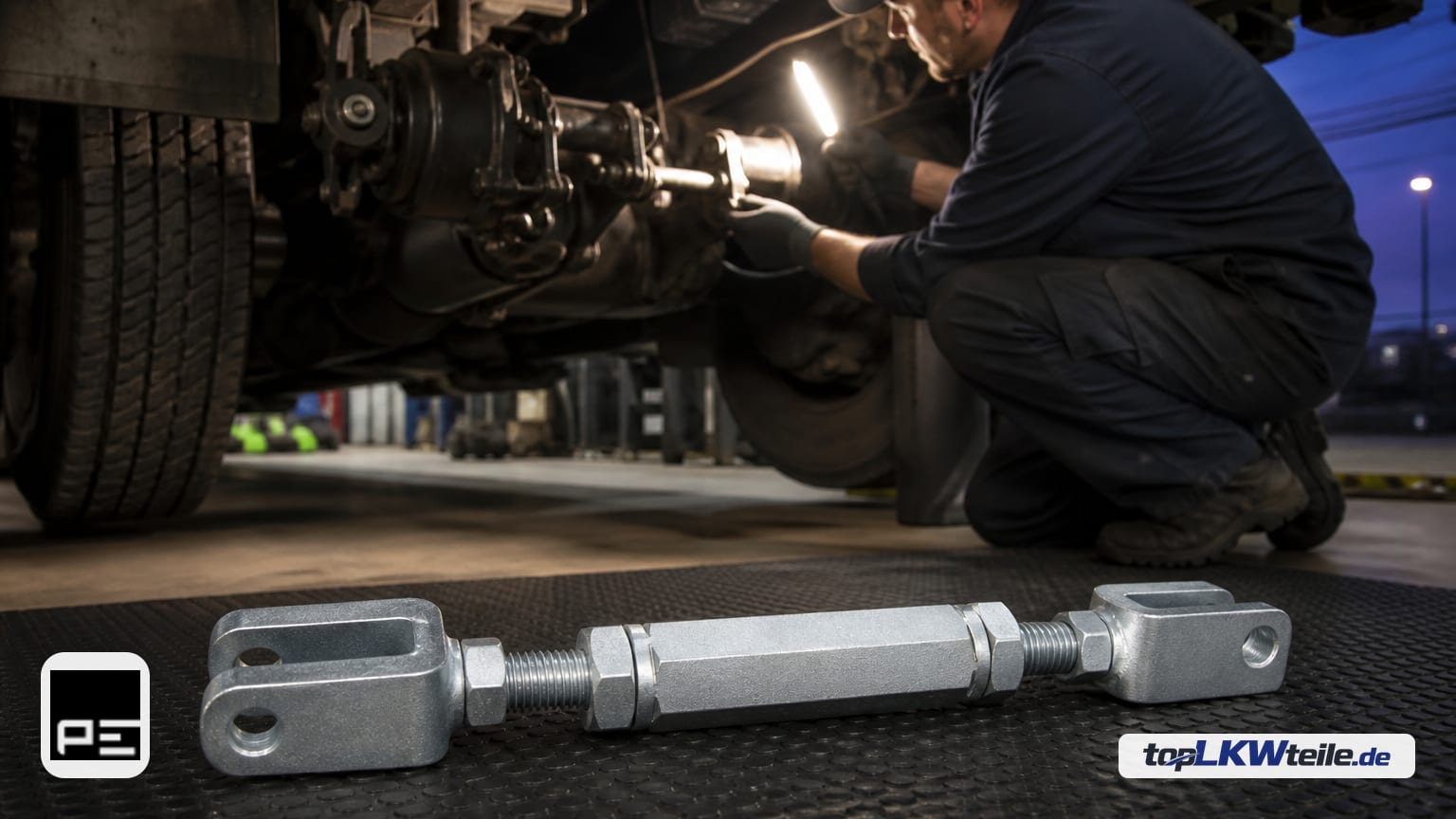 Mechaniker prüft die Bremsanlenkung an einem Lkw mit Arbeitslampe; im Vordergrund liegt ein neuer PE Automotive Gestängesteller, Bremsanlage.