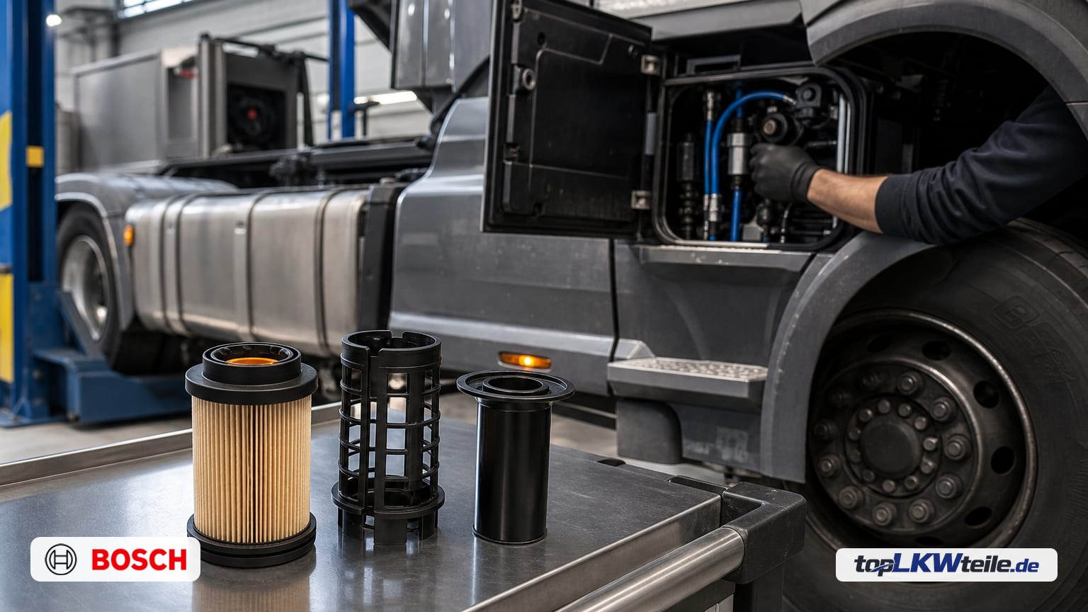 Moderner Lkw in der Werkstatt auf der Bühne, DEF-/AdBlue-Tank geöffnet. Im Vordergrund liegt auf einem Werkzeugwagen der BOSCH Filter, Harnstofflösung: ein kleiner zylindrischer, hell-beiger…